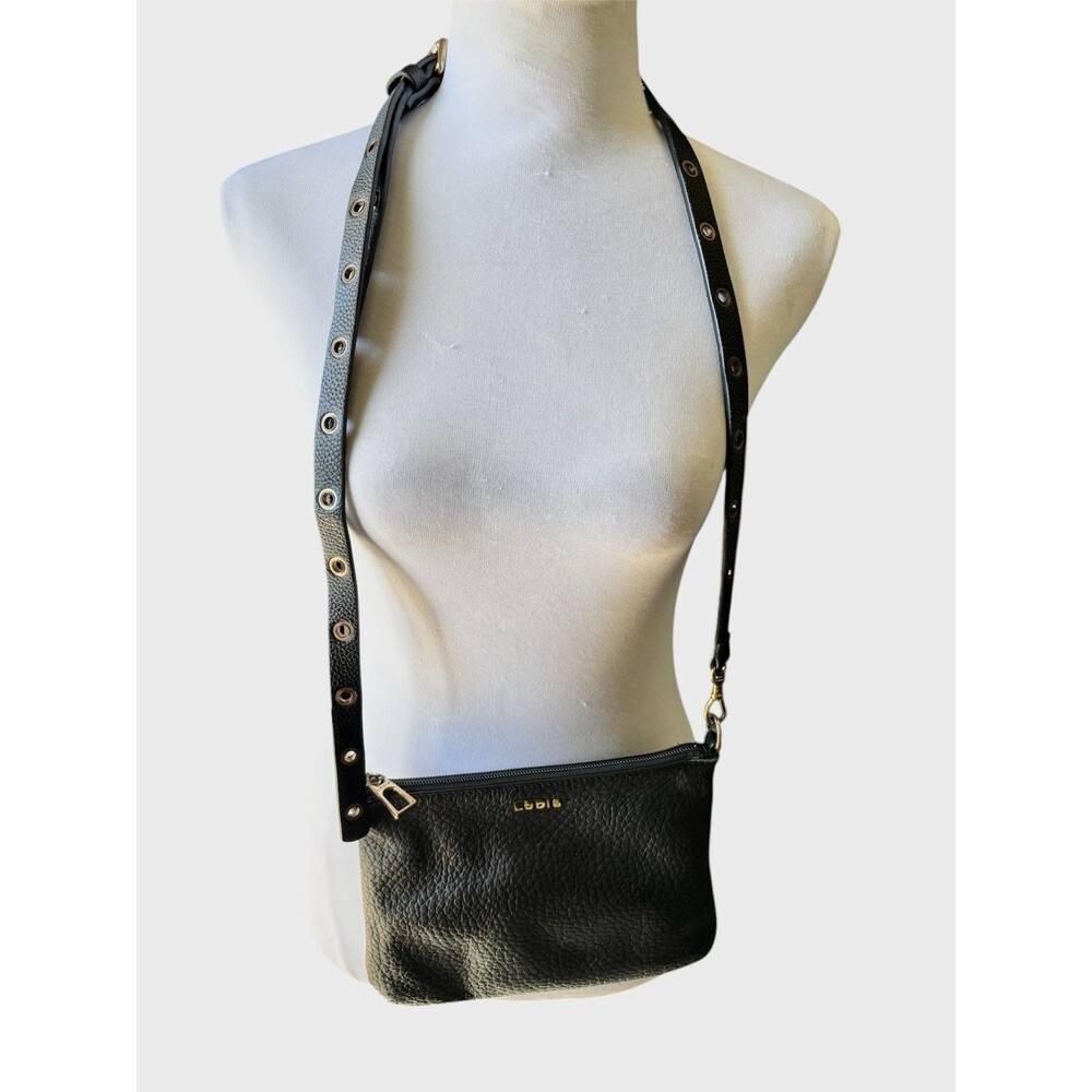 Lodis Black Pebble Leather Mini Crossbody Bag Purse, Gold Rocker Grommet Strap